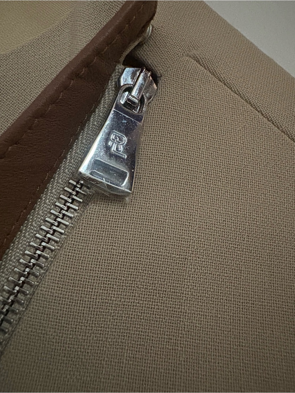Ralph Lauren Purple Label Beige Midi Dress with Brown Trim Zipper + Buckle - Picture 6 of 6